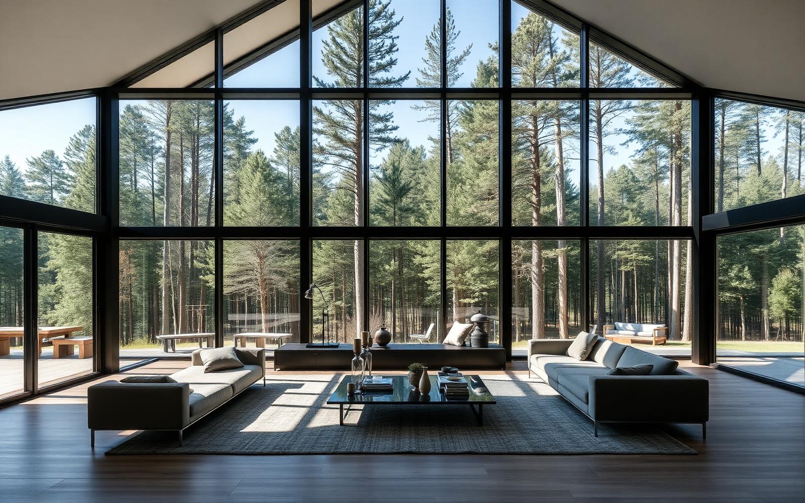 Modern living room with floor-to-ceiling black-framed windows overlooking a forest
