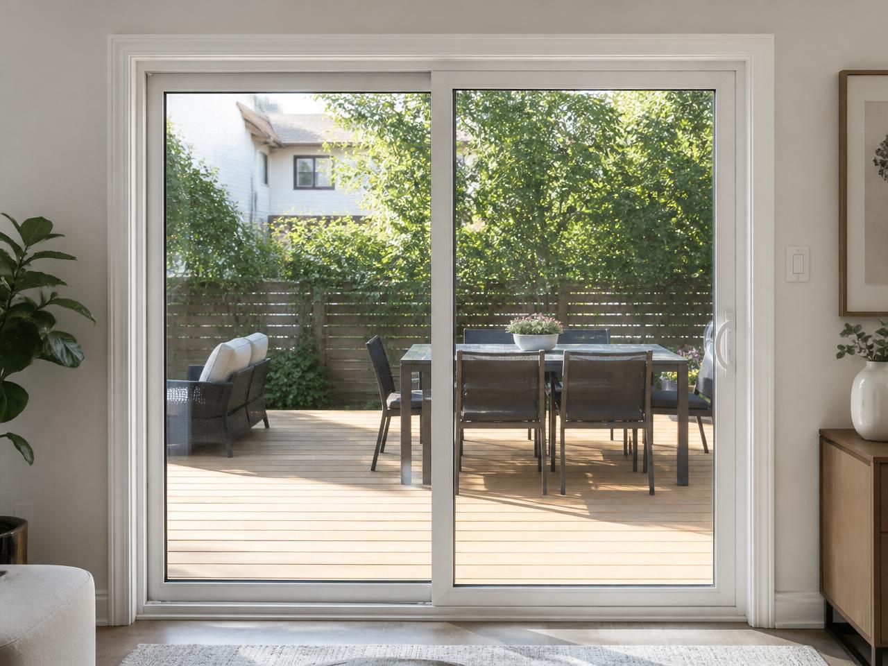 Two panel sliding patio door seen from inside a living room looking out to a deck