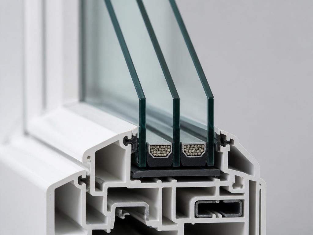 Cut-away corner of a triple-glazed window showing three panes and two sealed cavities