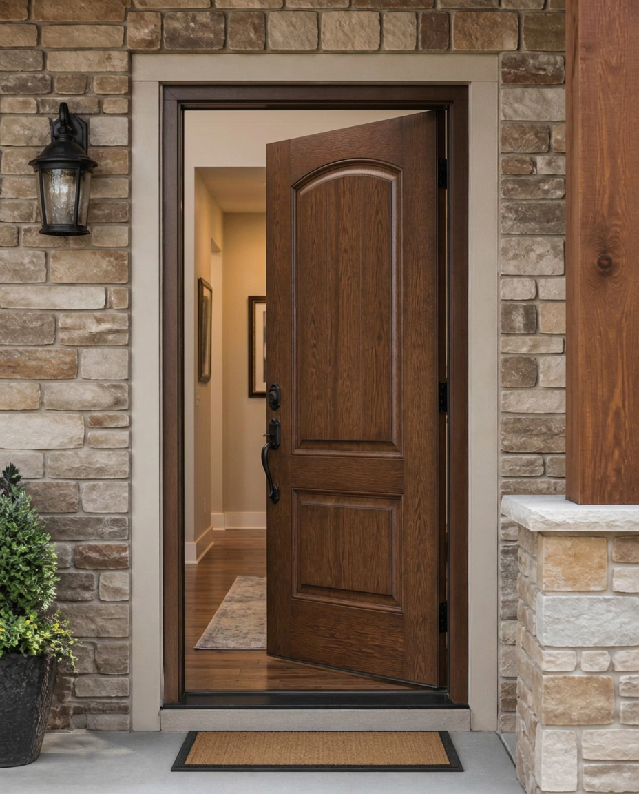 Fiberglass Wood-Grain Entry Doors shown opened from a matching angle