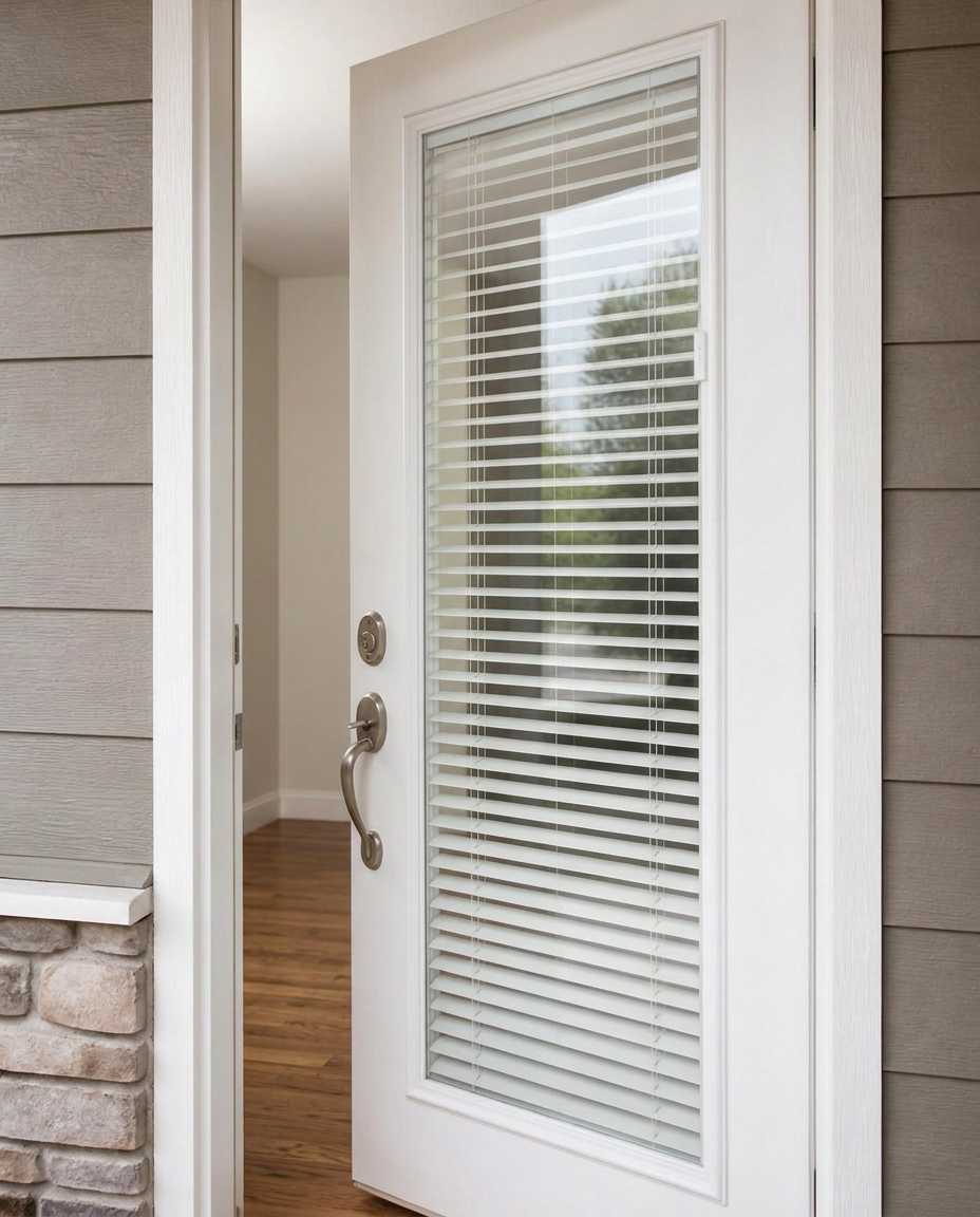 Entry Doors With Internal Mini-Blinds shown opened from a matching angle