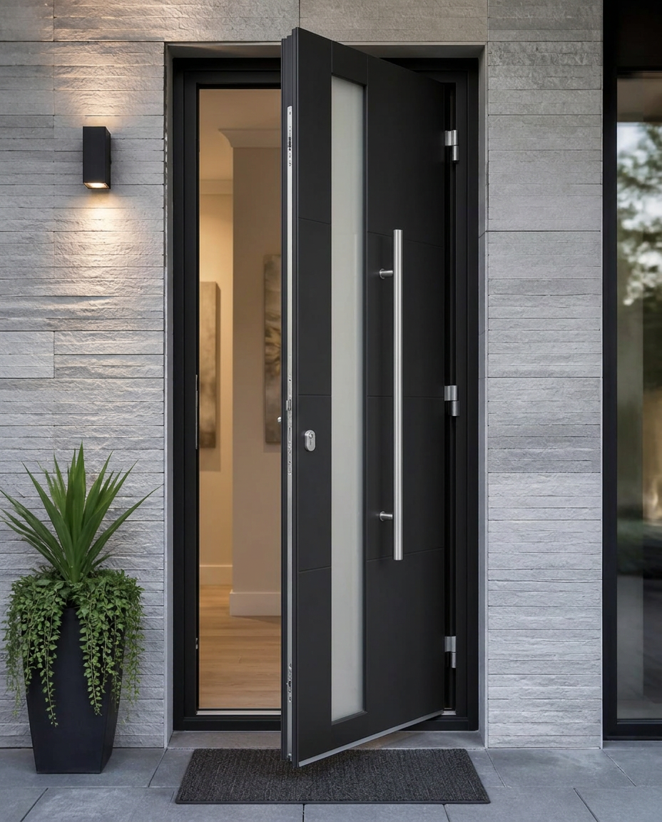Modern Glass-Insert Entry Doors shown opened from a matching angle