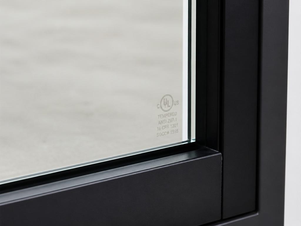 Etched safety certification stamp in the corner of a tempered glass pane