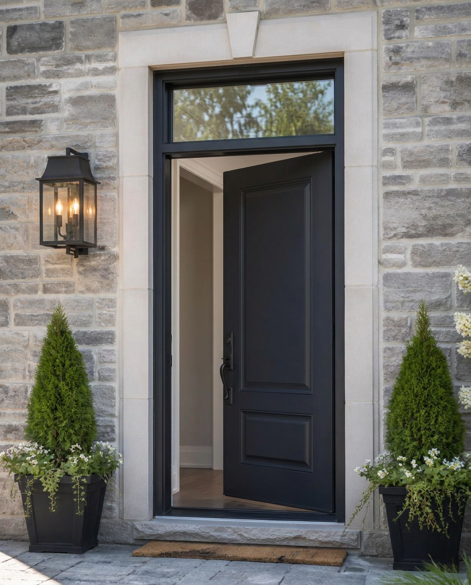 Entry Doors With Transoms shown opened from a matching angle